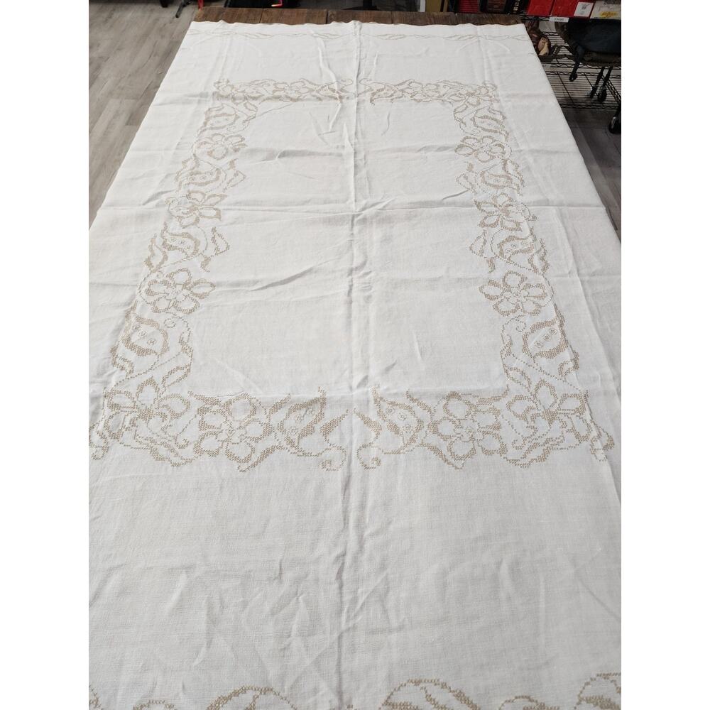 Vintage Tablecloth Ivory With Hand Embroidery Flowers 80”X67”